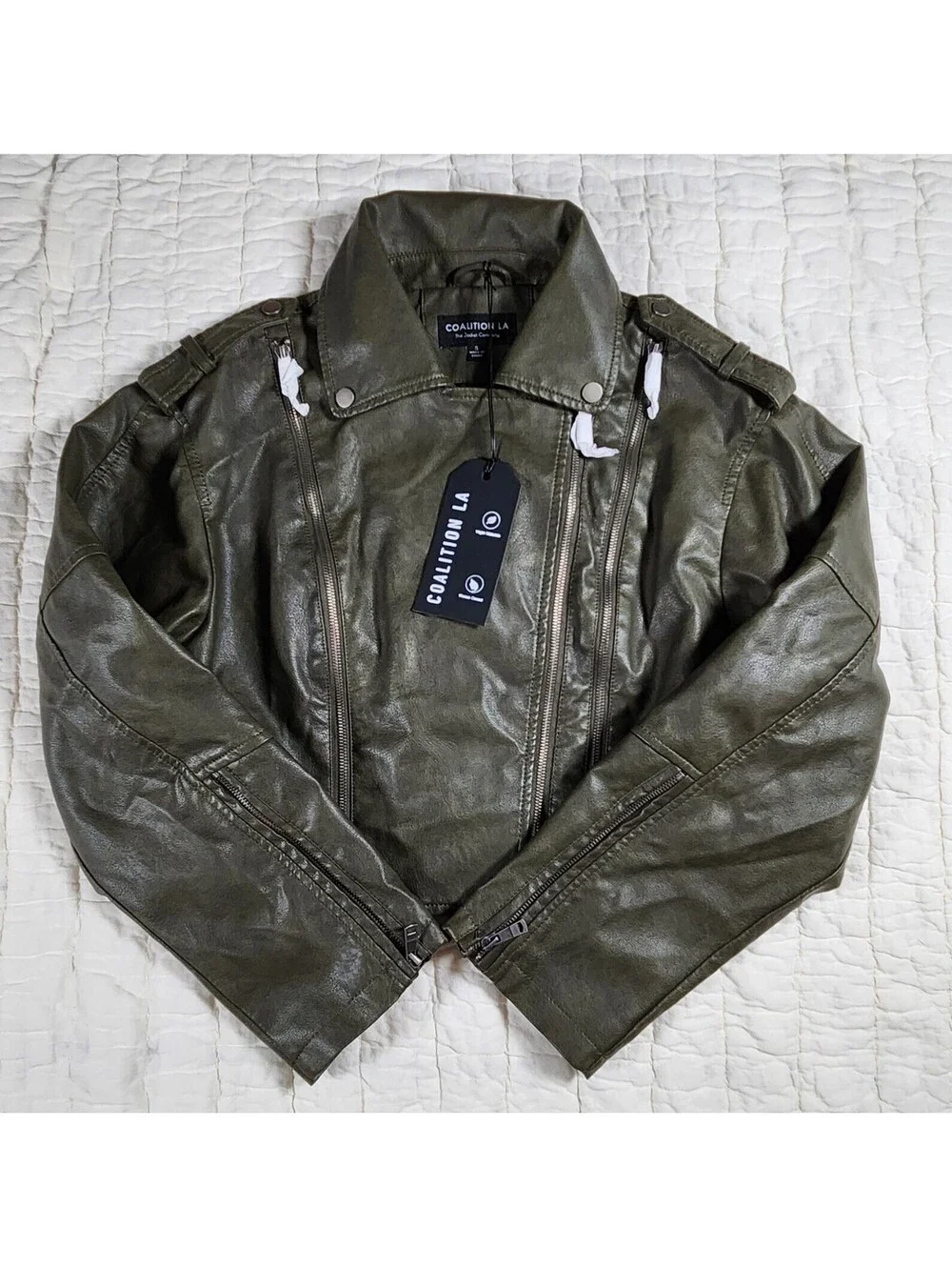 NWT Coalition LA Faux Leather Cropped Moto Jacket Olive Green Women's Size S